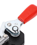 Close-up view of Heavy Duty Adjustable Push Pull Toggle Clamp With 500Lbs Holding Power for welding and woodworking, red handle.