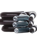 Close-up of Heavy Duty Cotter Clip Set for Trailer Hitches 3 Pack Fits One Half Inch and Five Eighth Inch Pins Class 1 Through 4 Receiver Keeps Ball Mount Pin from Falling Out Durable Steel Construction showing metal clips in bundle.