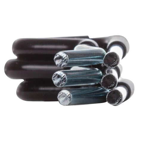 Close-up of Heavy Duty Cotter Clip Set for Trailer Hitches 3 Pack Fits One Half Inch and Five Eighth Inch Pins Class 1 Through 4 Receiver Keeps Ball Mount Pin from Falling Out Durable Steel Construction showing metal clips in bundle.