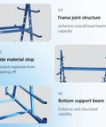 Heavy Duty Double Sided Horizontal Material Storage Rack Featuring Adjustable Arms For Lumber PVC Tubes And Steel Pipe showing frame joint structure and side material stop.