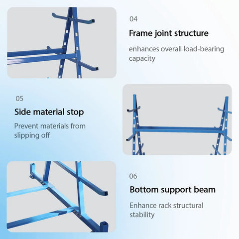 Heavy Duty Double Sided Horizontal Material Storage Rack Featuring Adjustable Arms For Lumber PVC Tubes And Steel Pipe showing frame joint structure and side material stop.