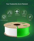 Glow in the Dark Green PLA Filament 1.75mm 1kg for 3D printing shown on spool with smooth extrusion and no odor benefits