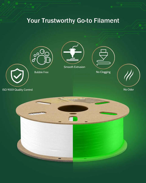 Glow in the Dark Green PLA Filament 1.75mm 1kg for 3D printing shown on spool with smooth extrusion and no odor benefits
