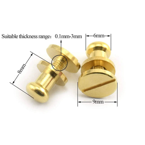 Top Notch Solid Brass Sam Browne Screw Studs With Nail Round Rivet Ends Great For Kickass DIY Leather Projects Belt Hardware Bag Embellishments And Sneaker Customizing Eight Piece Set Six Millimeter Heads, detailed view with measurements.