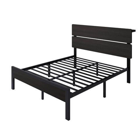 Queen Bed Frame With Smart App Controlled RGB LED Lights, Dual Wireless Charging Dock, Built In Storage Shelf, Modern Bedroom Furniture For A Clean Setup And Dope Vibe Upgrade in black finish, showcasing steel support slats.