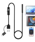 Waterproof Endoscope Camera With 11.4 Ft Cable For Plumbing Automotive And Machinery Inspections Direct USB Type C OTG Phone Connectivity No Adapter Needed USB A And Micro USB Interfaces IP67 Rated shown with laptop, tablet, and smartphone for connectivity demonstration.
