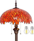 Old School Tiffany Style Floor Lamp With 16 Inch Red Orange Wisteria Stained Glass Shade, shown with LED bulbs and pull chains