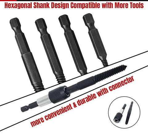 Six Piece Damaged Screw Extractor Set With One Quarter Inch Quick Change Arbors For Stripped Screws Nuts And Bolts