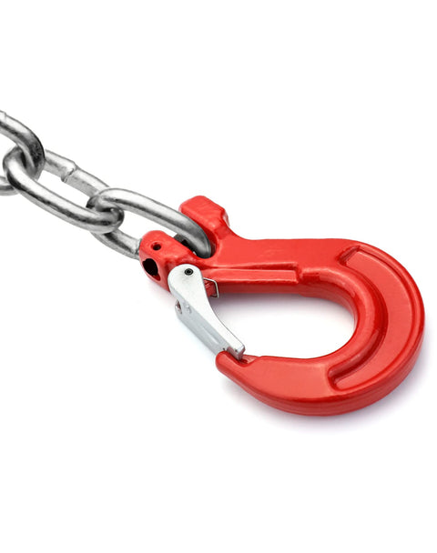 Red Clevis Slip Hook With Latch 1/2 Inch Two Pack, 6940 Lb Working Load Limit, Grade 80 Drop Forged Alloy Steel on chain