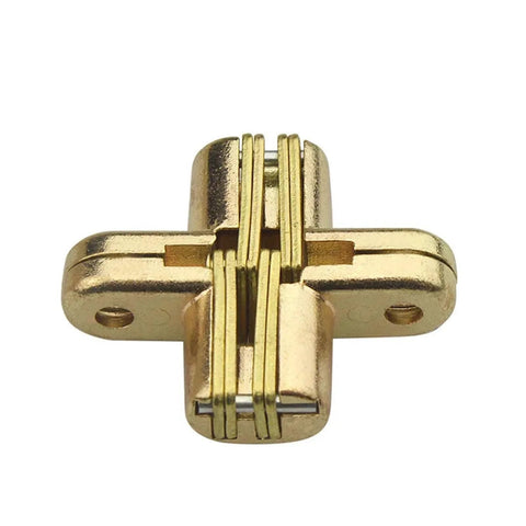 Front view of Two Piece Folding Table Zinc Alloy Gold Cross Invisible Hinge Dining Table Hardware Set 180 Degree Hidden Hinge White Finish