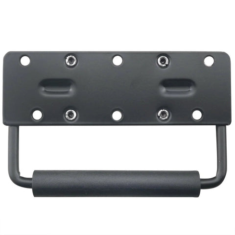 Heavy Duty Folding Spring Handle 125x81mm Black Steel Case Handle for Props Boxes and Tool Boxes, rubberized grip, front view.