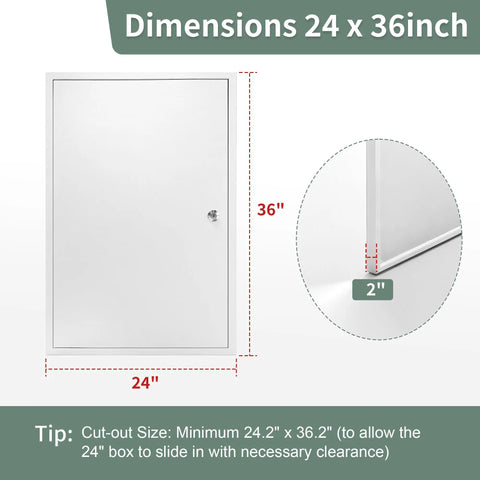 Top Grade Flush Mount Access Panel For Drywall Walls 24X36 Inch Hidden Steel Door Featuring No Sweat Setup and visible measurement details.