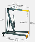 Heavy Duty Hydraulic Engine Hoist Folding Cherry Picker Shop Crane with dimensions up to 235 cm tall and four swivel casters.