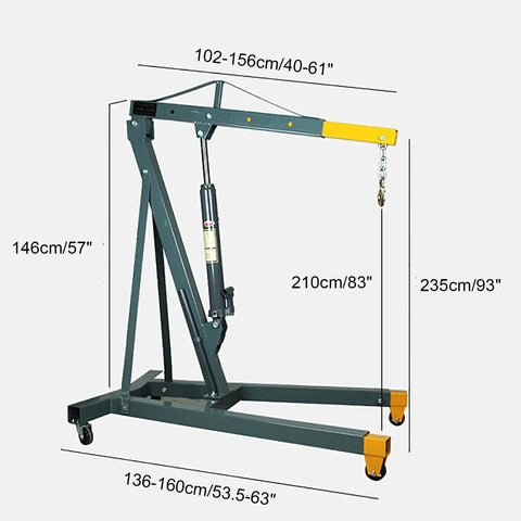 Heavy Duty Hydraulic Engine Hoist Folding Cherry Picker Shop Crane with dimensions up to 235 cm tall and four swivel casters.