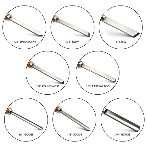 Pro Grade Woodturning Tools Kit With Eight Badass Heavy Duty Lathe Chisels Including skew and gouge blades for wood turning precision.