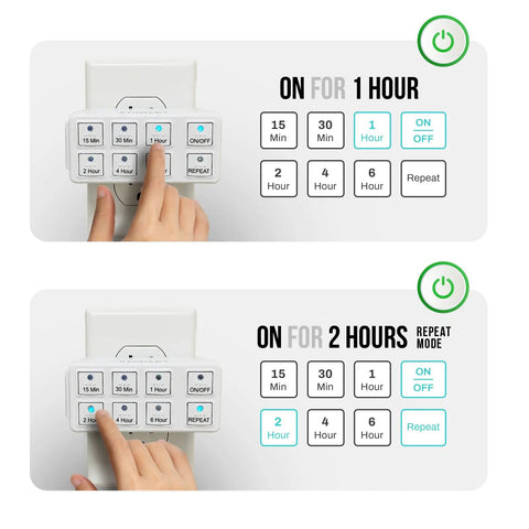 TimerMax Indoor Countdown Timer With One Outlet Six Handy Presets showing 1 and 2 hour settings and manual controls