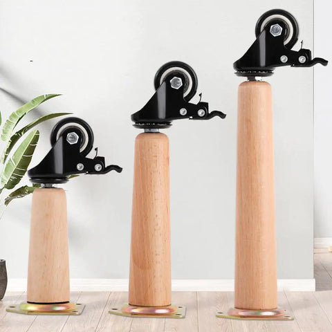 4 Pack Round Solid Wood Furniture Legs With Wheels And Brakes 65cm tall, beech wood with attached rollers, side view