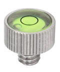 Chiyyak Camera Spirit Level for DSLR and Mirrorless Cameras Compact Stainless Steel adjustable spirit level with green bubble.