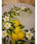 13 Inch Hand Painted Lemon Lazy Susan With Floral Wood Turntable Handmade Serving Tray featuring lemon and white flowers design