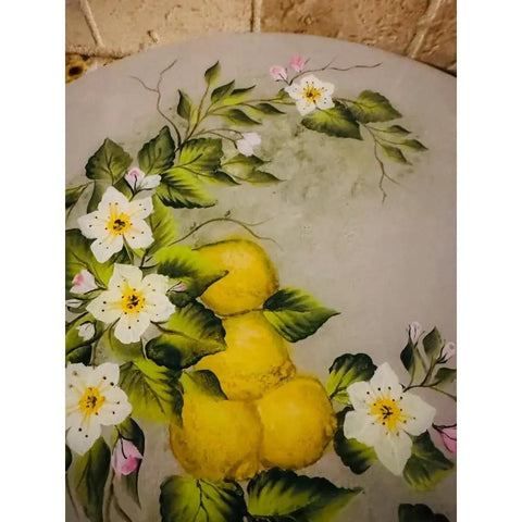 13 Inch Hand Painted Lemon Lazy Susan With Floral Wood Turntable Handmade Serving Tray featuring lemon and white flowers design