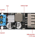 Slick And Solid Dc Dc Buck Converter Step Down Voltage Regulator Module 6V To 32V To 5V With Usb Quick Charge Port and screw terminals view from above