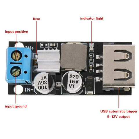 Slick And Solid Dc Dc Buck Converter Step Down Voltage Regulator Module 6V To 32V To 5V With Usb Quick Charge Port and screw terminals view from above