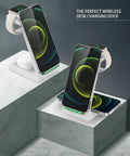 All In One Wireless Charging Station With Upgraded 2026 Fast Desk Charger for iPhone, Apple Watch, and AirPods on white stand