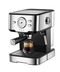 ROCK SOLID SEMI AUTOMATIC ESPRESSO MAKER BOASTS 20 BAR PRESSURE EXTRACTION AND A BUILDER GRADE STEEL STEAM WAND FOR HELLA RICH MILK FOAM PLUS INTUITIVE TEMPERATURE CONTROL AND 1050 WATT SILVER BUILD brewing espresso into a glass.