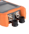 Front view of OFCN mini 4-in-1 portable optical power meter in orange rugged housing with two metal fiber ports and rubber caps