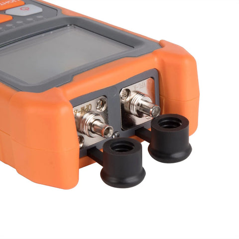 Front view of OFCN mini 4-in-1 portable optical power meter in orange rugged housing with two metal fiber ports and rubber caps