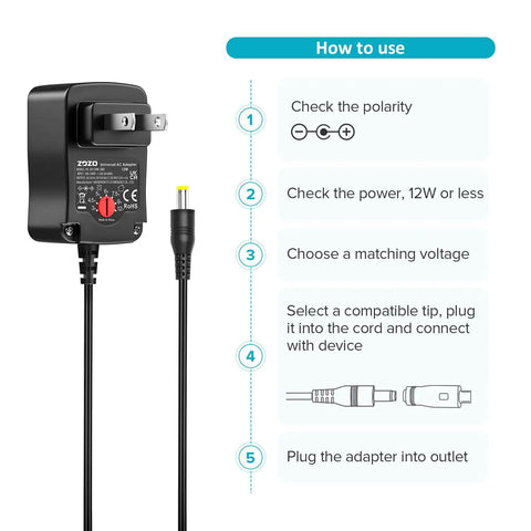 Universal AC DC Power Adapter 12W With 8 Tips 5.5x2.1mm And 5.5x2.5mm Micro USB Output For Routers, Speakers on instructions