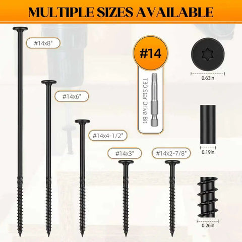 Multiple sizes of Premium Heavy Duty Deck Screws 50 Pack 14 By 8 Inch Black Epoxy Coated Fasteners for outdoor framing.