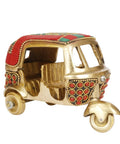 Sick Red Brass Auto Rickshaw Replica With Stone Studded Details Classic Indian Tuk Tuk Model Display Piece side view showing intricate designs.