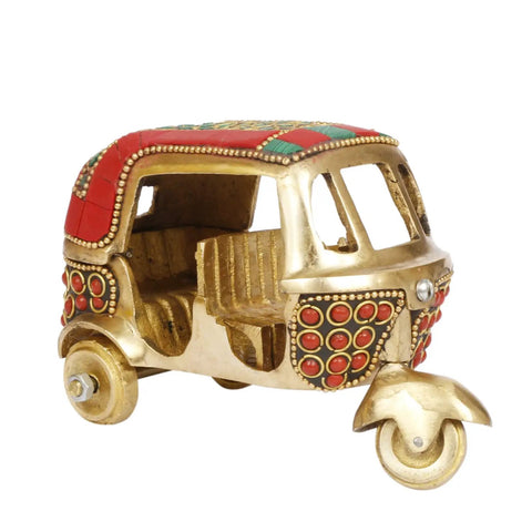 Sick Red Brass Auto Rickshaw Replica With Stone Studded Details Classic Indian Tuk Tuk Model Display Piece side view showing intricate designs.