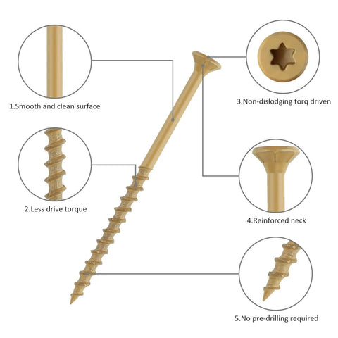 Deck Screws For Outdoor Wood And Fence, Tan, Rust Resistant Epoxy Coated With Over 1000 Hour Salt Spray, Includes T25 Torx Bit, Carbon Steel features