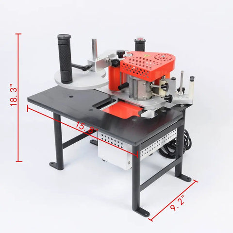 Portable Manual Edge Banding Machine for Woodworking on a table, dimensions 18.3" x 15.8" x 9.2", 10-45mm banding tape system, 110V 765W.