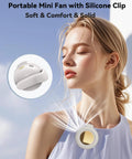 Clip On Mini Bladeless Fan Portable Silent USB Desk And Outdoor Cooler Small Clip For Shirts Belts Or Bags in use on woman