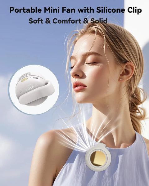 Clip On Mini Bladeless Fan Portable Silent USB Desk And Outdoor Cooler Small Clip For Shirts Belts Or Bags in use on woman