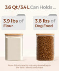 Two Pack 3.6 Qt Square Glass Food Storage Jars With Lids A Kitchen Must Have For Flour Sugar Rice Pasta Oats Coffee Beans Keeps Your Pantry Organized And Fresh Clear See Through Design showing capacity with flour and dog food contents