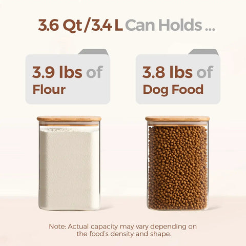 Two Pack 3.6 Qt Square Glass Food Storage Jars With Lids A Kitchen Must Have For Flour Sugar Rice Pasta Oats Coffee Beans Keeps Your Pantry Organized And Fresh Clear See Through Design showing capacity with flour and dog food contents