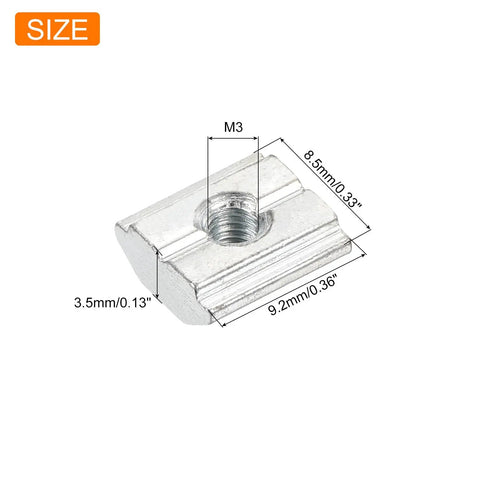Rock Solid M3 T Slot Nuts For Aluminum Extrusion Profiles Pack Of Twelve, zinc plated steel, 9.2x8.5x3.5mm size.