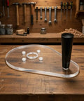 Straight Up Precision Replacement Router Base Plate For Compact Power Tools, 6 By 9 Inch black grip and clear acrylic on workbench.