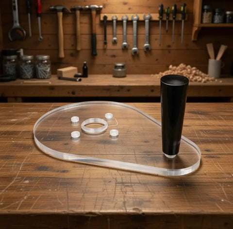 Straight Up Precision Replacement Router Base Plate For Compact Power Tools, 6 By 9 Inch black grip and clear acrylic on workbench.
