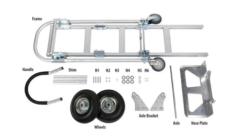 Parts of AS7B Heavy Duty Aluminum Hand Truck 2 In 1 Convertible Dolly, 800 lb capacity, including frame and nose plate.