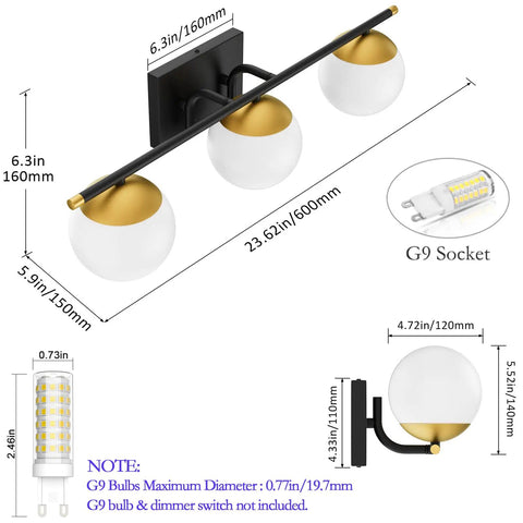 Three Light Mid Century Modern Vanity Light With Sleek Dope Black And Gold Finish And Milky Glass For Bathroom dimensions shown