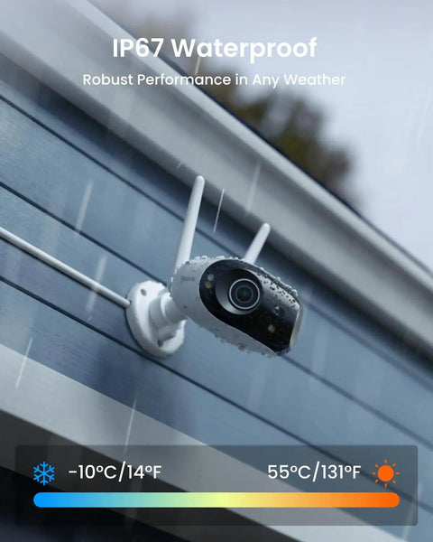 Ultra Wide 180 Degree Dual Lens 4K 8MP Security Camera with Dual Band WiFi 6 mounted outdoors in rain, demonstrating IP67 waterproof.