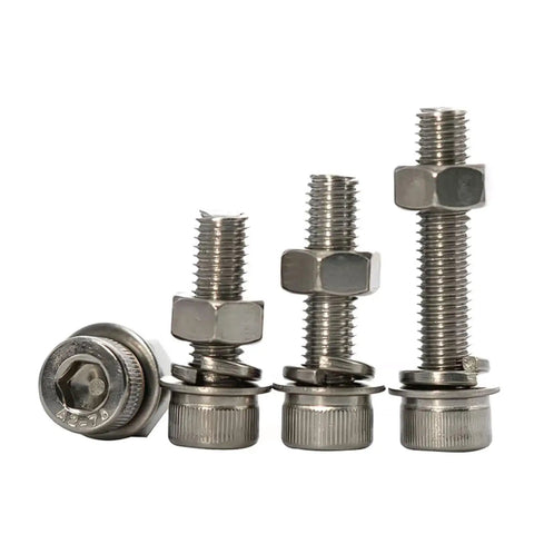 Beefy 304 Stainless Steel M6 Hex Socket Head Cap Screws And Nuts Kit 20 Sets Per Size Built For Indoor And Outdoor Use Tough Corrosion Resistant Fasteners That Are Easy to Tighten And Loosen Great For DIY Projects. M6 screws and nuts set, SS304, front view