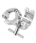 Top Shelf 1.5 Inch Chrome Drum Rack T Leg Clamp With Pro Quick Release Wingnut 90 Degree Inline T Connector close-up view.