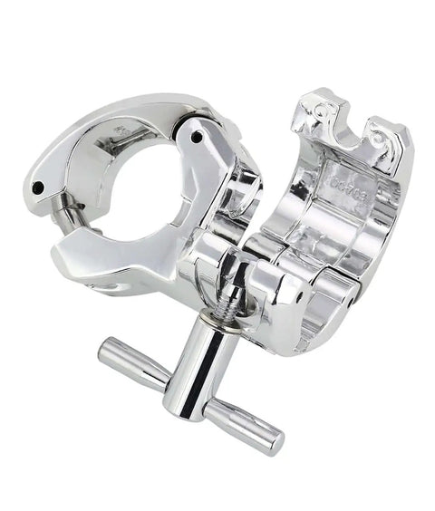 Top Shelf 1.5 Inch Chrome Drum Rack T Leg Clamp With Pro Quick Release Wingnut 90 Degree Inline T Connector close-up view.