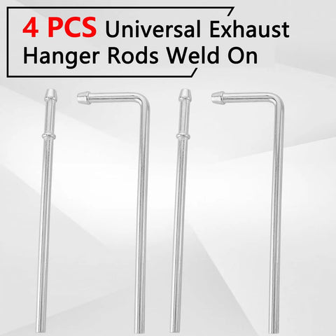 Universal Exhaust Hanger Kit With Weld On Rods, 4 Piece Set, showing two 90-degree bent rods and two straight rods on display